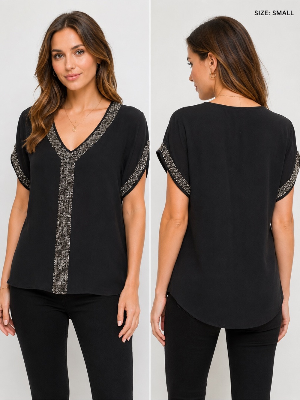 Love Token 100% Silk Beaded V-Neck Top Black Size M